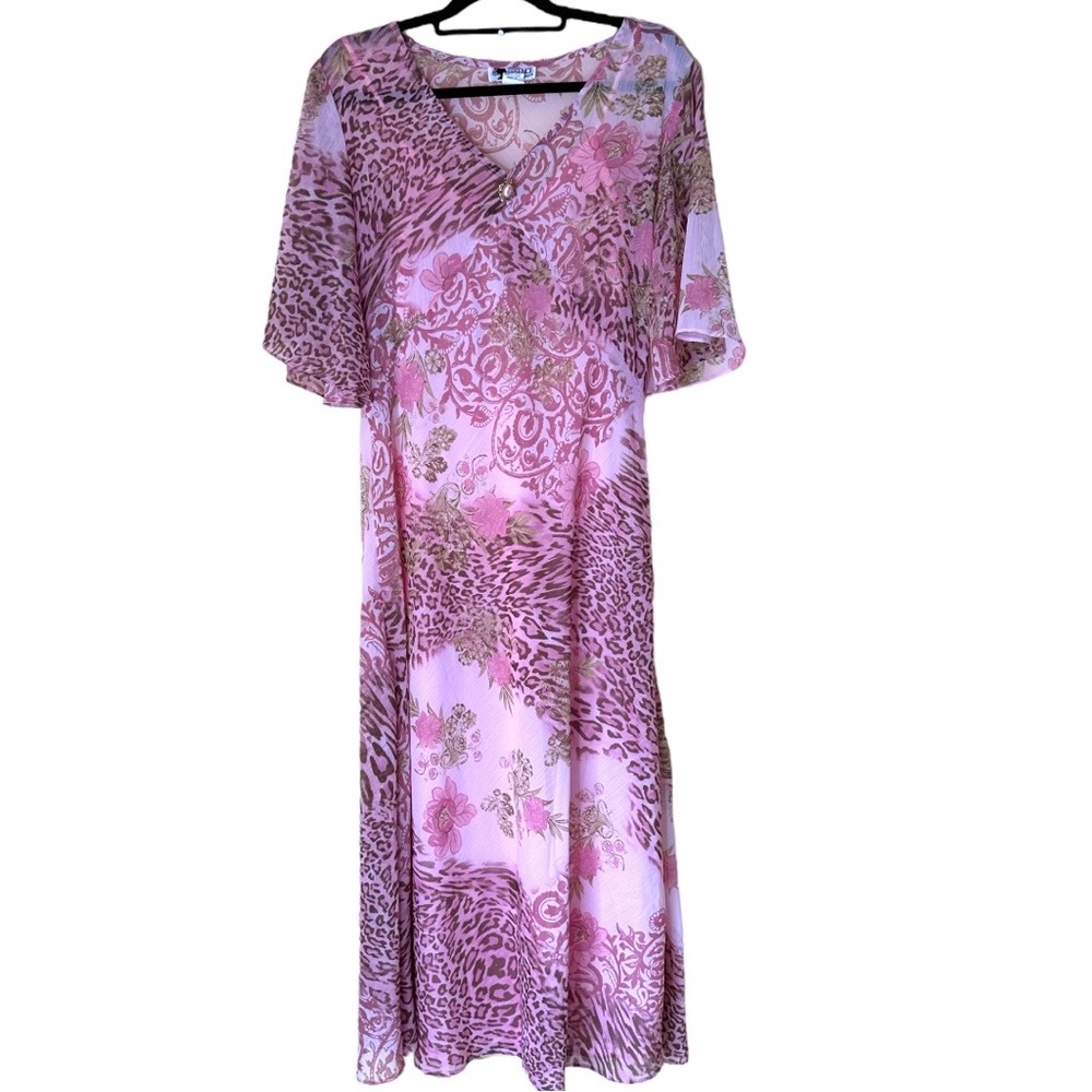 Essence Spring Church Dress Pink Animal Print and Floral Pattern Long Sheer